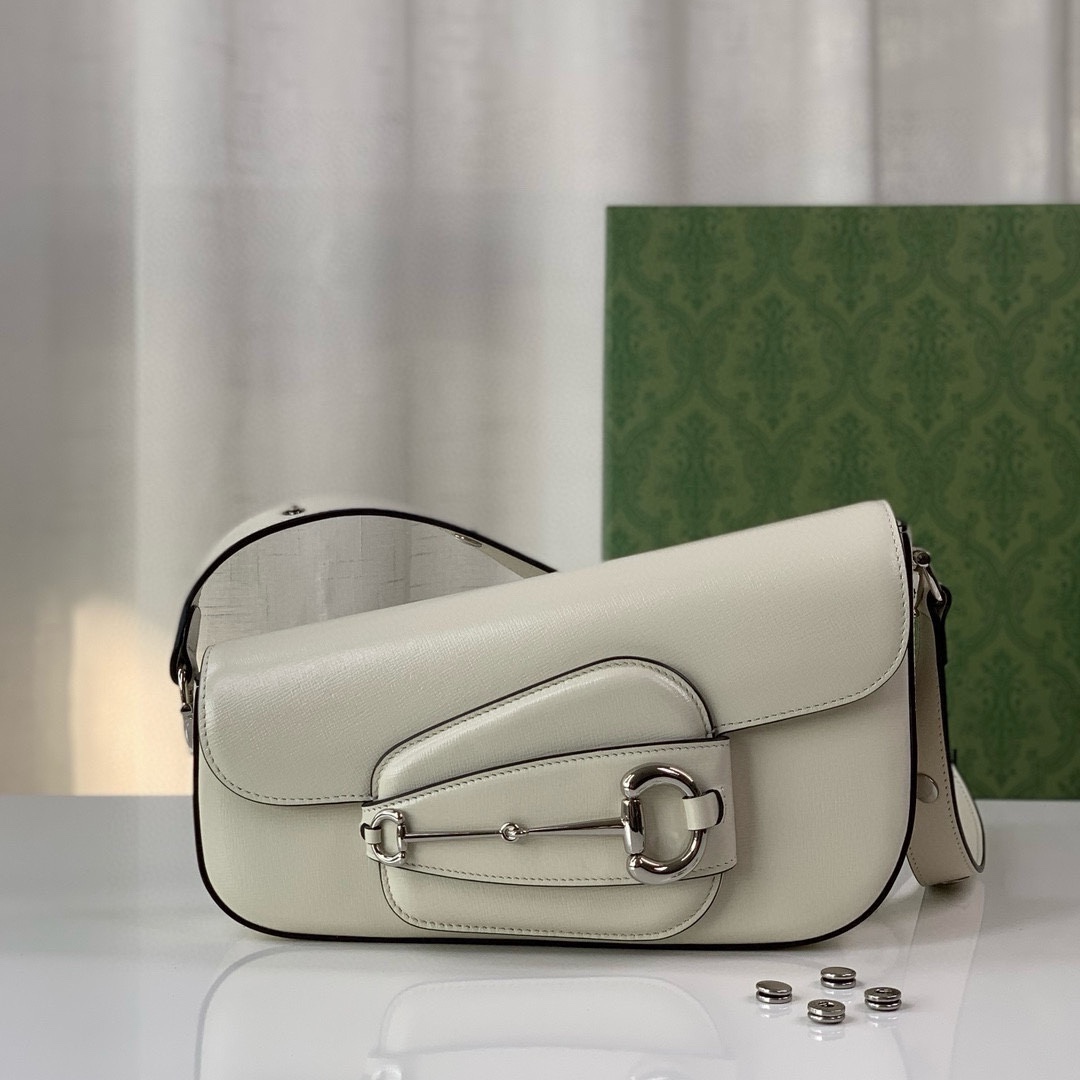 Gucci Horsebit 1955 Series Small Asymmetrical Horse Buckle Shoulder Backpack White Leather